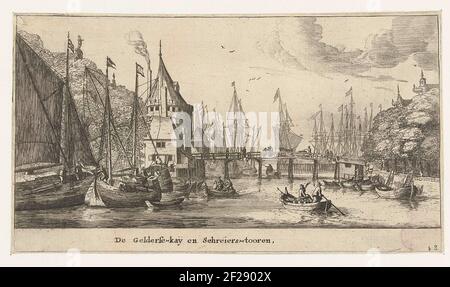 De Gelderse Kade und De Schreierstoren; De Gelderse-Kaÿ und Schreiers-Tooren; glänzende Schiffe und Seehunde von Amstelredam; verschiedene Schiffe und Stadtlandschaften aus Amsterdam, zweiter Teil.die Gelderse Kade, die Schreierstoren und die Brücke über das Wasser. Viele Schiffe im Wasser. Stockfoto