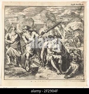 Illustration für 'All the Works' von Lucianus.Aeneas steht mit erhobenem Stab gegenüber Charon, dem Fährmann, der Seelen über den Styx River in seinem Boot setzt. Neben dem Boot ist Mercurius bei dem dreiflügeligen Hund Cerberus, der den Eingang zum Hades überwacht. Stockfoto
