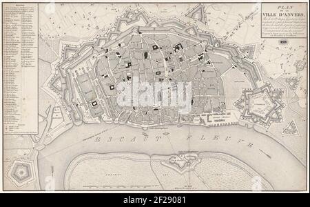 Plattegrond van Antwerpen en de Citadel, 1830; Plan de la Ville d'Anvers, pry le 26 8bre par les patriotes belges, bombardée le 27 par le Général Chassé (...).Karte der Stadt Antwerpen mit der Zitadelle, nach der Bombardierung durch die Holländer am 27. Oktober 1830. Die Verwüstungen in der Stadt am Arsenal und Lager durch arcereos angezeigt. Legende 1-100 links in einem Rahmen. Stockfoto