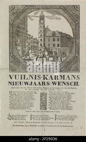 Nieuwjaarswens van de vuilnismannen van Amsterdam voor het jaar 1831; Vuilnis-karmans nieuwjaars-wensch.Neujahrswunsch der Amsterdamer Müllsammler für das Jahr 1831. Rundschau im achteckigen Rand mit einem Gesicht in der Münzstätte in Amsterdam, wo ein Mann mit Ratsche an einem Müllwagen steht. Ein anderer Mann holt Geld bei einem Haus ab. Mit Gedicht in zwei Spalten und einem Lied in drei Versen. Von der Müllrüstung im NO-Bezirk Nr. 19: Johannes Bongaards. Stockfoto
