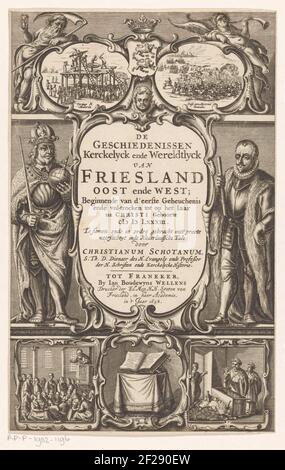 Karel de Grote en Willem i van Oranje; Titelpagina voor: Christiaan Schotanus, De Geschiedenissen Kerckelyck ende Wereldtlyck van Friesland Oost ende West, 1658.Karl der große mit Schwert und Rijkeappel und Willem i van Oranje mit Commandostaf flankieren eine Kartusche mit dem Titel des Buches. In der Mitte über der gekrönten Waffe von Friesland und zwei Kartuschen mit Hinrichtungen auf dem Gerüst und einem Kavalleriekreuz. Links und rechts Vater Zeit mit Zeis und Sanduhr und Fama mit Bazuin. Auf der Unterseite drei Kartuschen mit einer Predigt in einer Kirche, einer gesegneten bibel und verängstigten Mönchen an einer gefallenen Lasche Stockfoto