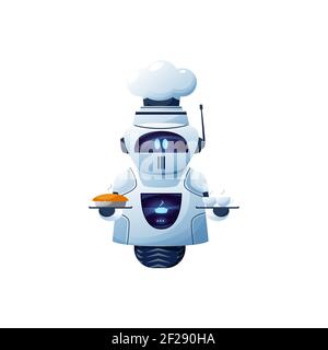 Cartoon Roboter Koch, Vektor Cyborg Charakter in toque halten Tablett mit Bäckerei und Tasse Getränk. Künstliche Intelligenz Technologie, freundliche bot auf dem Rad Stock Vektor