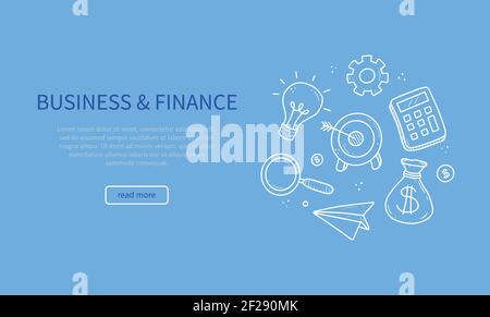 Handgezeichnetes Banner von Geschäfts- und Finanzelementen, Münze, Rechner, Sparschwein, Geld. Doodle-Skizzenstil. Geschäftselement mit digitalem Stift gezeichnet. Illustration für Banner, Flyer, Frame Design Vorlage. Stock Vektor