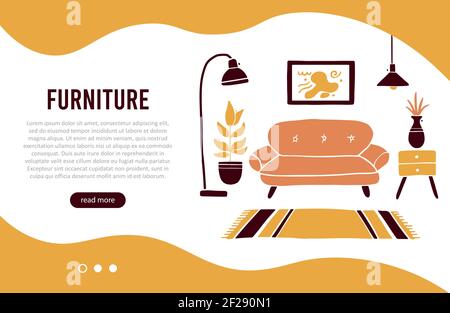 Bannervorlage von Wohnzimmermöbeln, Sofa, Hausanlage, Stehleuchte, Regal, Teppich. Schlichte, trendige Flat-Optik. Illustration für Innenarchitektur, Möbelhaus, Website, Flyer, Broschüre. Stock Vektor