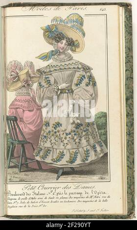 Petit Courrier des Dames, 5 juin 1829, Nr. 643: Chapeau de Paille d'Italie .... Stehende Frau in einem Kleid von 'batiste d'Ecosse (batiste) bestickten Kaschmir gekleidet. An der Spitze eines Hutes 'Paille d'Italie 'mit Weide, aus den Geschäften von Notre. Sitzende Figur, auf dem Rücken gesehen, im selben Kleid. Druck aus dem Modemagazin Petit Courier des Ladies (1821-1868). Gebunden (mit ein paar Seiten. Le Journal des Ladens et des Modes). 15. Januar 1827 bis 20. März 1830. Unvollständig. Stockfoto