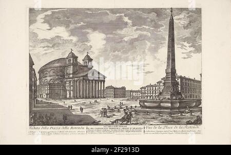 Piazza della Rotonda Te Rom; Blick auf die Piazza della Rotonda / Vue de la Place de la Rotonda.Blick auf die Piazza della Rotonda in ROM MIT DEM PANTHEON UND DER FONTANA DEL PANTHEON. TITEL UND ERLÄUTERNDE LISTEN MIT NUMMERN IN FRANZÖSISCH UND ITALIENISCH UND EINER ZUORDNUNG IM UNDERMASTER. Stockfoto