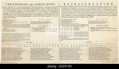 Textblatt zum Druck über die Anwendung eines neuen Holzsprühguts, 1667; Bildausstellung des Gebruyck des neu interagierten holzes brent spuyten (...); Representation de l'Usage des Esclissoires à feu, Faittes du Bois Nouvellement Practiquez (...). Textblatt illustriert über die Anwendung eines neuen Typs von hölzernen Feuersprüher, 1667. Datenblatt mit einer Beschreibung des Geräts, Preisen und Verkaufsadressen in Niederländisch und Französisch. Am Boden der Praber auf dem Feuersprüher in 4 Kolonnen. Gehört zum Top Prayer at the Fire Eating Book von Jan van der Heyden. Stockfoto