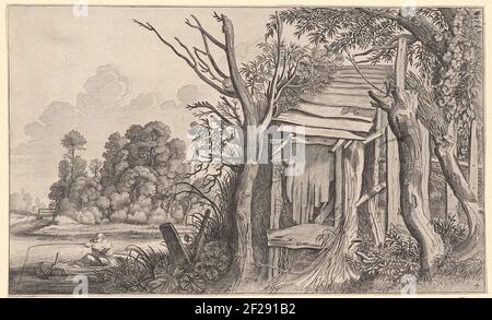 Hengelaar bei einer Lapse-Hütte in einer Landschaft; Landschaften zu Pieter de Molijn.eine Lapse-Hütte in einer Landschaft; Links ein Fischer in einem Boot. Fourded aus einer Serie von vier. Stockfoto