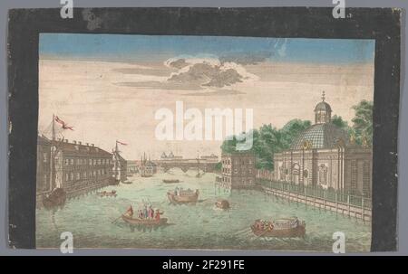 Blick auf den Fluss Fontanka in Sint-Petersburg von der Nordseite gesehen; Vue Perspektive De La Grotte et du Magasin des Providers de la Cour, sur la River De Fontancka St. Petersbourg und Russe .. Stockfoto