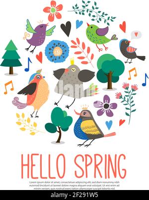 Flaches Hello Frühling rundes Konzept mit schönen bunten Singvögeln Bäume hübsche Blumen Musik Noten isoliert Vektor Illustration Stock Vektor
