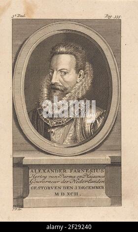 Portret van Alessandro Farnese, hertog van Parma.Porträt von Alessandro farnese, Herzog von Parma. Er trägt eine Kette mit der Reihenfolge des goldenen Fleece. Sein Name, seine Funktion und sein Todesdatum auf Niederländisch auf dem Piothing. Stockfoto