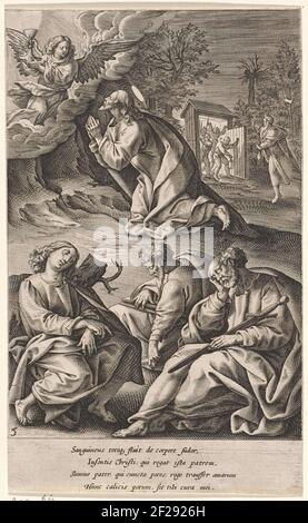 Christus in hof van Getsemane; Leven en passie van Christus; Dominicæ passionis Mysteria Typicis Advmbrationibvs Adamusim Effigiata.Christus betet am Hof von Getemane. Ein Engel erscheint vom Himmel mit einem Kelch. Petrus, Johannes und Jacobus schlafen im Vordergrund. Im Hintergrund führt Judas eine Gruppe von Soldaten durch das Tor hinein. Stockfoto