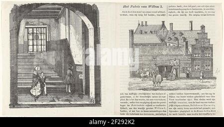 Trap waar Willem van Oranje is vermoord en de ingang naar het Prinsenhof; Het Paleis van Willem I. die Treppe im Prinsenhof in Delft, wo Willem van Oranje am 10. Juli 1584 von Balthasar Gerards ermordet wurde. Ein Mann liest das Textschild, eine Frau mit einem Jungen beendet die Treppe. Eine Kutsche parkte für den Eingang zum Prinsenhof, wie es um 1840 erschien. Beide Bilder sind in einem Artikel im Hollandsch Penning Lager für die Jugend, hier auch eine separate Textspalte. Stockfoto