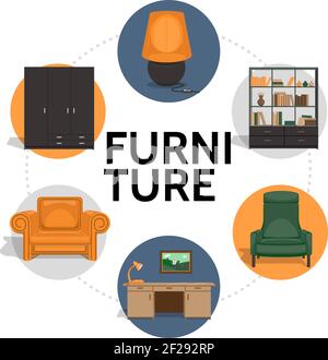 Flache Möbel runden Konzept mit Schrank Kleiderschrank Lampe Stuhl Tisch Bild Sessel isoliert Vektor Illustration Stock Vektor