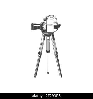 Retro-Filmkamera auf Stativ isoliertes monochromes Symbol. Vector Film Projektor, Film-Symbol. Filmzeit, professionelle Vintage-Fotokamera. Cin Stock Vektor
