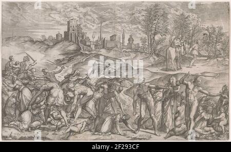 Kindermoord te Betlehem en de vlucht naar Egypte.die Soldaten des Herodes töten alle Jungen von zwei Jahren und jünger in Bethlehem. Die Mütter versuchen, ihre Kinder zu schützen. Im Hintergrund rechts die heilige Familie auf der Flucht nach Ägypten. Stockfoto