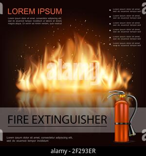 Bright Fire glänzende Schablone mit brennenden Flammen und Feuerlöscher In realistischer Vektordarstellung Stock Vektor
