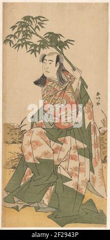 ODA lzuminosuke mit Bambuszweig.kabuki Schauspieler Sawamura Sôjûrô III in der Rolle von Oda Izuminosuke tanzt mit einem Bambuszweig in der Hand. Seine Hose mit langen, über dem Boden verweilenden Beinen hat ein Muster von Chrysanthemen. Die fliegenden Kraniche auf der Oberseite seines Anzugs sind Glückssymbole. Dieser Druck zeigt eine Szene aus dem Keisei ide no Yamabuki-Stück, das am 6. Juni 1787 im Nakamura-Theater aufwuchs. Stockfoto