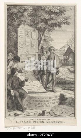 Gruppe von Männern um die Karte des Deutschen Reiches; Titelseite für: Thomas Lachs, Zeitgeschichte oder gegenwärtige Lage aller Völker, IX. Teil, 1737.eine Gruppe oder eine Gruppe von verschiedenen Abstieg um eine Karte oder (Teil) des Deutschen Reiches. Hinter ihnen EIN Stein mit sieben Mäntel oder Armen. Auf der rechten Seite EIN überdachter Kamin neben einem Fluss oder Bach. Stockfoto