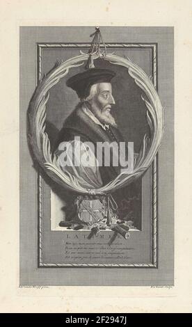 Hugh Latimer, Bischof von Worcester und evangelischer Märtyrer. Unter dem Porträt befinden sich Wappen auf den Achsen eines Pfahls. Das Bild hat ein französisches Gedicht als Bildunterschrift über sein Leben. Stockfoto