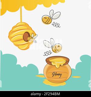 Buzzy Bee Vektorgrafik mit Bienenstock und Honigtopf an Ein weißer Hintergrund Stock Vektor