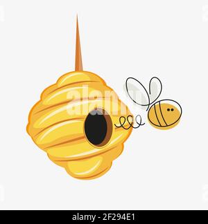 Buzzy Bee Vektorgrafik mit Bienenstock und Honigtopf an Ein weißer Hintergrund Stock Vektor