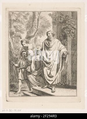 Abraham vertreibt Hagar und Ismaël.Abraham ist in der Tür seines Hauses und schickt Hagar und Ismaël fort. Ishmael hat einen Gehstock, Hagar trägt einen Anzug auf dem Rücken. Sara ist in der Tür hinter Abraham. Stockfoto