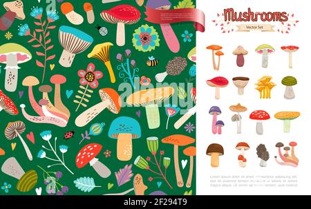 Flat Sommer Waldpilze Konzept mit schönen Blumen Blätter Biene marienkäfer und bunte Pilze auf grünem Hintergrund Vektor-Illustration Stock Vektor