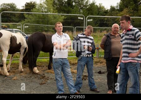 Männer, die Pferde im Ballycastle Livestock Mart auf der Auld Lammas Fair, Ballycastle, Moyle, County Antrim, Nordirland, VEREINIGTES KÖNIGREICH Stockfoto