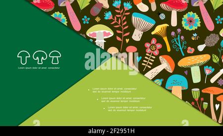 Flache natürliche Pilze Zusammensetzung mit Blumen niedlichen Bienen Marienkäfer Blätter Und essbare Pilze Vektor-Illustration Stock Vektor