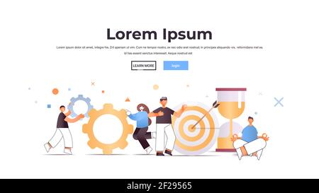 Setzen Sie Geschäftsleute mit Zahnrädern Ziel und Sanduhr professionell Teamarbeit Prozess Zusammenarbeit Konzept volle Länge horizontale Kopie Raum Vektor Abbildung Stock Vektor