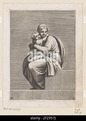 Sitzende Frau mit Kind; Gemälde in der Sixtinischen Kapelle.Figuren aus Michelangelos Deckengemälde. Rechts unten nummeriert: 52. Stockfoto