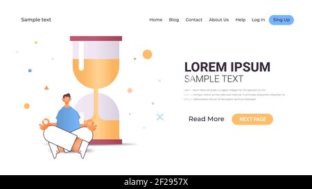 Geschäftsmann sitzt in Lotus Pose in der Nähe Sanduhr Zeitmanagement Entspannung Konzept Business Mann meditieren in Yoga Pose horizontal voll Vektorgrafik für Länge und Kopiespeicherplatz Stock Vektor