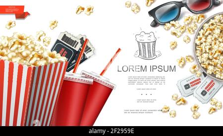 Realistische Kino Elemente Hintergrund mit 3D Gläser Tickets Papiertasche Und Eimer Popcorn Soda Tassen Vektor-Illustration Stock Vektor