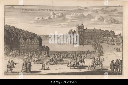 Gezicht op het Buitenhof te Den Haag; 't Buyten Hof van 's Gravenhagen.Blick auf den Binnenhof in Den Haag, mit dem Hofteich in der Mitte und rechts im Hintergrund die Stadt fünfzehn Minuten. Verschiedene Schützen oder Soldaten, Reiter und andere Figuren auf dem Buitenhof. Unten beschriftet: Fol. 18. Stockfoto