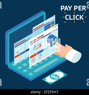 Pay per click, Infografiken Illustration. Berühren Sie Ihren Finger auf den Bildschirm eines Laptops Stock Vektor