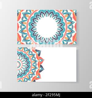 Visitenkarte mit Mandala Blumenmuster. Kreative Vorlage, Telefon und Adresse, Nummer und E-Mail. vektor-Illustration Stock Vektor