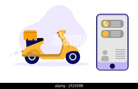 Lieferung App auf Smartphone und gelben Roller mit Fertigmahlzeit. Vektorgrafik Stock Vektor