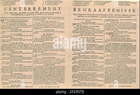 Textblatt auf der Karikatur mit der Beerdigung der Monarchie von Louis XIV, 1695; Debtisse van D'Generalke Monarchie von Lodewyk de XIV. Durch den Tod des Marschalk von Luxemburg und durch die Eroberung von Casal und Namur; L'Enterrement de la Monarchie Universelle de Louis XIV. Par la mort du marechal de luxembourg, & par la Prize de casal & de namur.tekstblad bei der Karikatur über die Franzosen nach dem Verlust von Namen und casale monferrato in Italien und dem Tod von François Henri de Montmorency, Herzog von Luxemburg im Jahr 1695. Texte in 4 Spalten auf Französisch und Niederländisch. Am unteren Rand der falschen Adressen des Publs Stockfoto