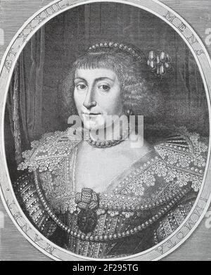 Elisabeth Stuart (19. August 1596 – 13. Februar 1662) war Kurfürstin der Pfalz und kurz Königin von Böhmen als Ehefrau Friedrichs V. von der Pfalz. Da die Herrschaft ihres Mannes in Böhmen und Pfalz nur einen Winter dauerte, wird Elisabeth oft als "Winterkönigin" bezeichnet. Elisabeth war das zweite Kind und älteste Tochter von James VI und ich, König von Schottland, England und Irland, und seine Frau, Anne von Dänemark. Mit dem Untergang des letzten Stuart Monarchen im Jahr 1714, Elizabeth Enkel gelang auf den britischen Thron als Georg I., Initiierung der Hannoveraner Dynastie. Stockfoto