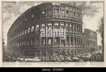 Colosseum te Rome; Blick auf das Kolosseum, das Flavian Amphitheater; Gezichten op Rome; Blick auf Rom von Giambattista Piranesi Architekt Ve (Nez) iano entworfen und graviert.Blick auf das Kolosseum in Rom. Im Hintergrund rechts der Bogen von Constantijn. Titel und Liste der erläuternden Buchstaben in Undermard. Stockfoto