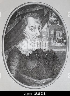 Wallenstein. Mittelalterliche Gravur. Sein Mord ist im Hintergrund dargestellt. Albrecht Wenzel Eusebius von Wallenstein (24. September 1583 - 25. Februar 1634), ebenfalls von Waldstein (tschechisch: Albrecht Václav Eusebius z Valdštejna), war ein böhmischer Militärführer und Staatsmann, der während des Dreißigjährigen Krieges (1618-1648) auf katholischer Seite kämpfte. Seine erfolgreiche Kampfkarriere machte ihn zum Zeitpunkt seines Todes zu einem der reichsten und einflussreichsten Männer des Heiligen Römischen Reiches. Stockfoto