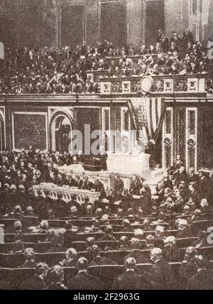 Wilsons Rede vor dem Kongress über die Kriegserklärung 1917. Stockfoto