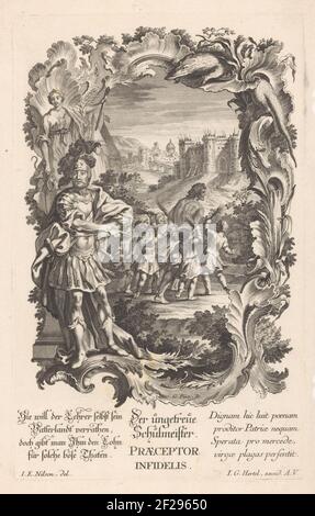 Untreuer Schulmeister; der Üngetreue Schulmeister / Praeceptor infidelis; treu und untreu. Eine kleine Gruppe von Kindern führt einen untreuen Lehrer in Richtung der Festung im Hintergrund. Der Lehrer ist fasziniert und wird von den Kindern mit Stäben angetrieben. Rund um die Show ein Rocaille-Rahmen mit dem gott Mars im Geschirr und eine weibliche Personifizierung der Vorsicht mit Schlauch, Spiegel und Fackel in den Händen. Im Undermaster zweimal ein vierzeiliger deutscher und lateinischer Text. Stockfoto