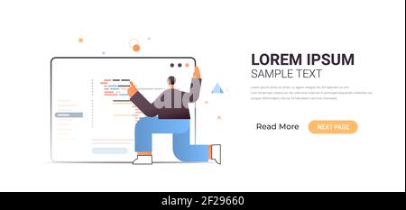 Männliche Web-Entwickler Erstellung von Programm-Code-Entwicklung von Software und Programmierung Konzept volle Länge horizontale Kopie Raum Vektor Illustration Stock Vektor