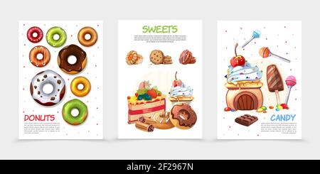 Cartoon Süßigkeiten Poster mit Donuts Buscuit Kuchen Lollipop Eis Schokolade bar Cookie bunte Süßigkeiten isoliert Vektor-Illustration Stock Vektor