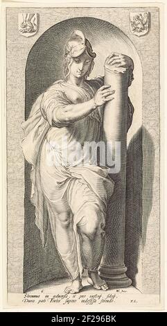 Kracht (Fortitudo); De zeven hoofddeugden.stehende Frau neben einer Säule, in einer Nische, als Personifizierung der Wirkung. Stockfoto