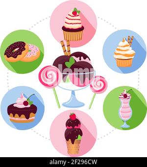 Cartoon süße Produkte Konzept mit Donuts Muffins Eis sundae Kuchen Lutscher in bunten Kreisen isoliert Vektor-Illustration Stock Vektor