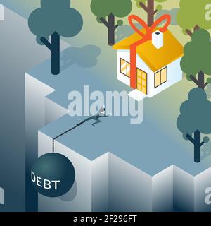 Geschäftsmann oder Verbraucher mit Schuldengewicht steigt aus dem Abgrund. Haus und Schulden, Hypothek und Immobilien. Vektorgrafik Stock Vektor