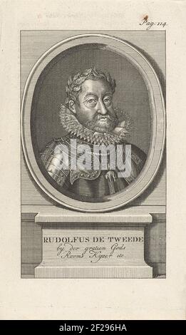 Portret van Rudolf II. Van Habsburg, Duits keizer.Portrait Büste in oval rechts von Rudolf II. Von Habsburg, deutscher Kaiser, angehoben, in Rüstung, an der das Symbol der Ordnung der goldenen Vlies hängt. Unter dem Oval sind sein Name und Titel auf einer Basis aufgeführt. Oben rechts beschriftet: Pag: 114. Stockfoto